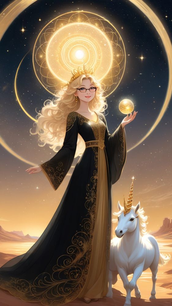 Animated Golden Ora in a black and gold gown